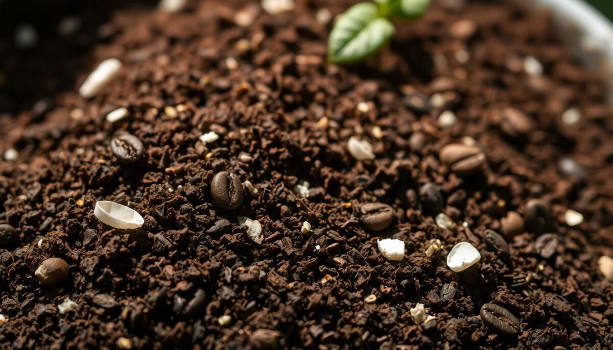 A close-up photograph of a mixture of organic compost made from eggshells and coffee grounds. The foreground shows the rich, dark brown compost with flecks of white eggshell fragments and the distinctive specks of ground coffee. The middle ground reveals the coarse, textured consistency of the mixture, while the background is blurred to emphasize the focal point. The lighting is soft and natural, casting gentle shadows that accentuate the grooves and crevices of the organic material. The overall mood is earthy, nutrient-dense, and brimming with potential to nourish and strengthen potted plants. A close-up photograph of a mixture of organic compost made from eggshells and coffee grounds. The foreground shows the rich, dark brown compost with flecks of white eggshell fragments and the distinctive specks of ground coffee. The middle ground reveals the coarse, textured consistency of the mixture, while the background is blurred to emphasize the focal point. The lighting is soft and natural, casting gentle shadows that accentuate the grooves and crevices of the organic material. The overall mood is earthy, nutrient-dense, and brimming with potential to nourish and strengthen potted plants.