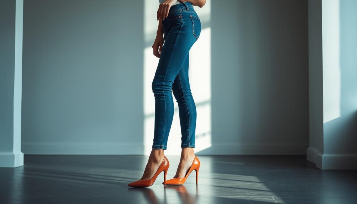 A harmonious combination of classic blue denim jeans and chic high heels, captured in a well-lit, sophisticated setting. The model stands gracefully, their long, toned legs accentuated by the perfect pairing of dark wash denim and sleek, pointed-toe pumps in a complementary hue. The lighting is soft and flattering, casting a subtle glow that enhances the model's confident, effortless pose. The overall atmosphere is one of elegant simplicity, showcasing how to seamlessly blend casual and formal elements for a polished, elongated silhouette.