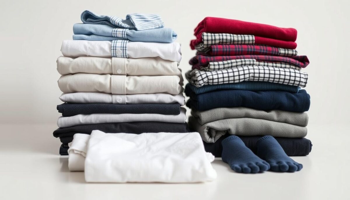 A neatly folded stack of neatly arranged clothing items, including shirts, pants, and socks, displayed on a clean, minimalist surface. The lighting is soft and diffused, creating a sense of calm and organization. The camera angle is slightly elevated, providing a clear and comprehensive view of the different folding techniques being showcased. The image conveys a sense of efficiency and space-saving, highlighting the contrast between rolled and folded garments. The overall mood is one of practical and visually appealing organization, perfectly suited to illustrate the "Comparação entre rolar e dobrar roupas" section of the article. A neatly folded stack of neatly arranged clothing items, including shirts, pants, and socks, displayed on a clean, minimalist surface. The lighting is soft and diffused, creating a sense of calm and organization. The camera angle is slightly elevated, providing a clear and comprehensive view of the different folding techniques being showcased. The image conveys a sense of efficiency and space-saving, highlighting the contrast between rolled and folded garments. The overall mood is one of practical and visually appealing organization, perfectly suited to illustrate the "Comparação entre rolar e dobrar roupas" section of the article.