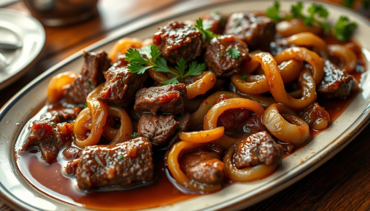 Savory braised beef with caramelized onions, the perfect balance of tender meat and sweet, silky onions. An elegant dish with a rich, glossy sauce, garnished with fresh parsley. Warm lighting casts a golden glow, emphasizing the appetizing color and texture. Captured at a low angle, showcasing the hearty, home-cooked presentation on a rustic wood table, evoking a comforting, mouthwatering scene. Savory braised beef with caramelized onions, the perfect balance of tender meat and sweet, silky onions. An elegant dish with a rich, glossy sauce, garnished with fresh parsley. Warm lighting casts a golden glow, emphasizing the appetizing color and texture. Captured at a low angle, showcasing the hearty, home-cooked presentation on a rustic wood table, evoking a comforting, mouthwatering scene.
