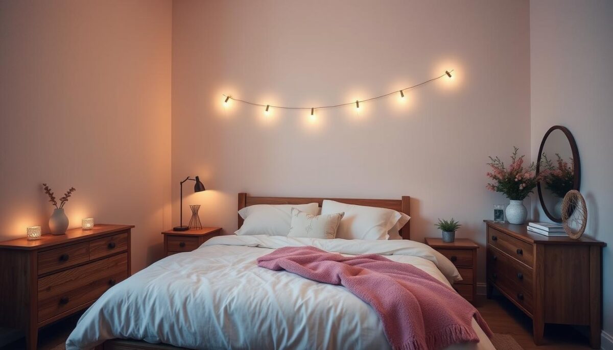 Essa ideia com luzinhas valoriza o quarto sem gastar quase nada